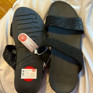 FitFlop Glitter Sandals Womens 9 Black Wedge Strappy Slides NWT never worn